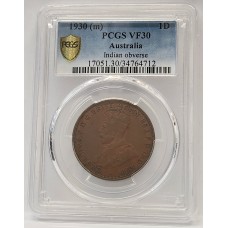 AUSTRALIA 1930 . ONE 1 PENNY . GENUINE . PCGS VF30